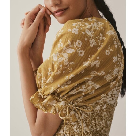 Anthropologie Seersucker Smocked Puff-Sleeve Crop Top Size L Chartreuse Floral - Picture 6 of 8